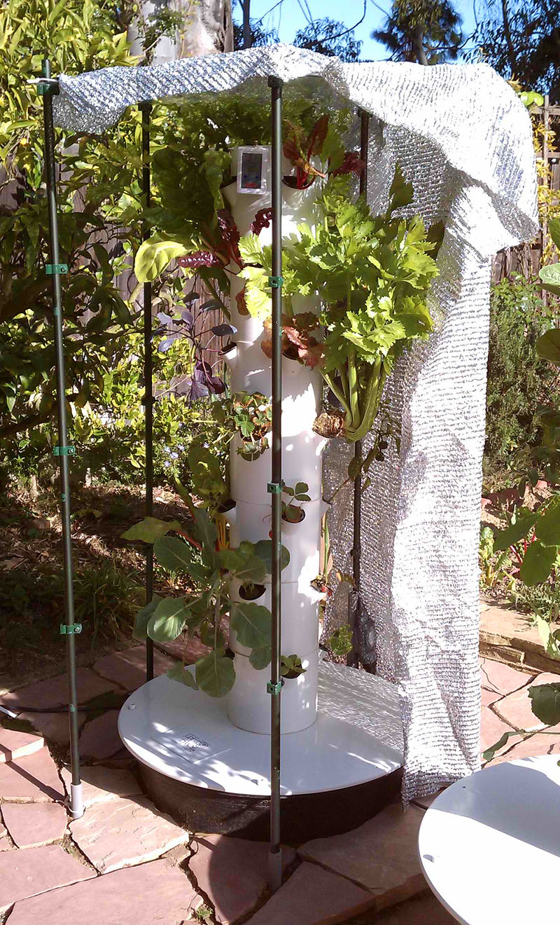 Tower Garden plants are protected from summer heat with Thermal Barrier Fabric